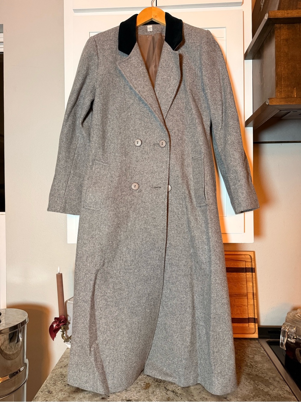 Vintage Lassie Junior Wool Maxi Coat| Gray Black Velvet Collar| Union Made USA